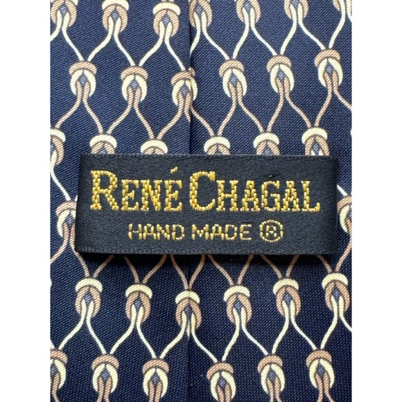 Rene Chagal Men's Handmade Necktie Tie Myung Ju Silk Navy Blue Tan 52x4 inch - Picture 2 of 7